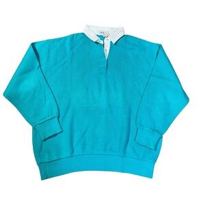 IZOD vintage women size Large 1/4 button pullover sweatshirt/Teal Sweater